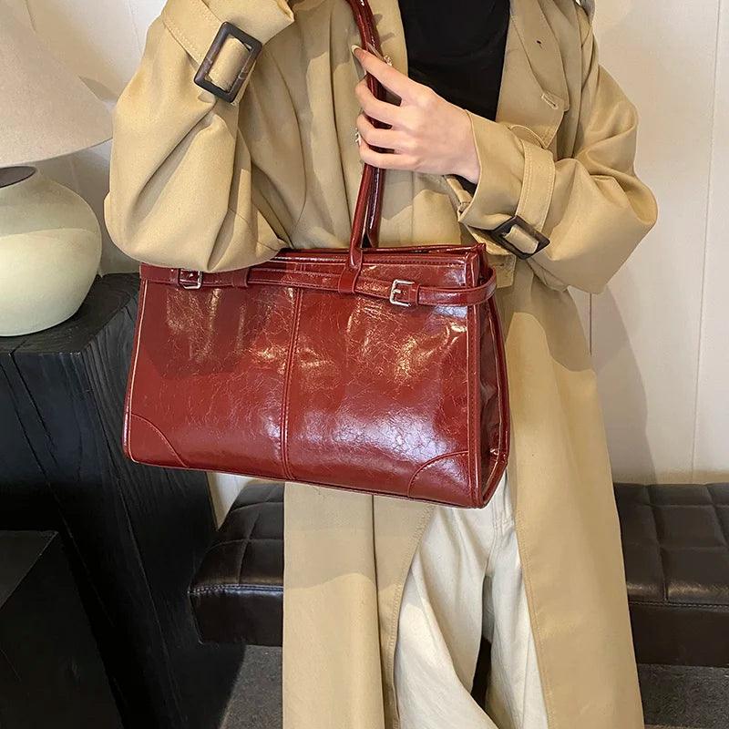 Large Leather Tote Bags Shoulder Bag Women Belt Style Zipper Handbags and Purses