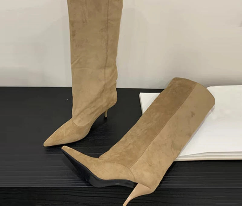 Women's Faux Suede Knee-High Boots with Pointed Toe