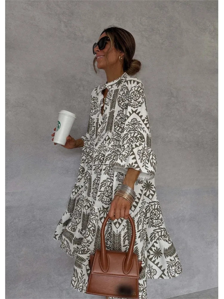 Bohemian Print Midi Dress – V-Neck 3/4 Sleeve Beach Dress