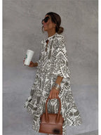 Bohemian Print Midi Dress – V-Neck 3/4 Sleeve Beach Dress