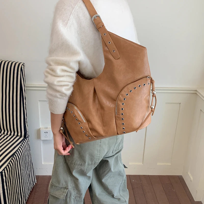 Women's Faux Leather Hobo Shoulder Bag with Zipper Closure