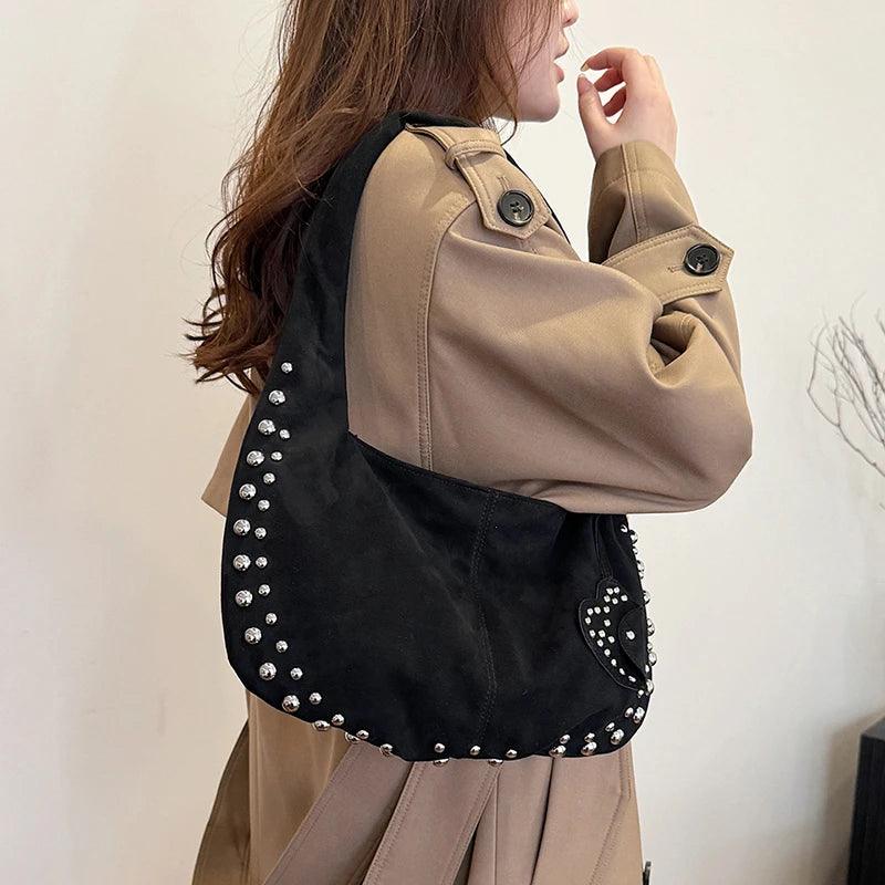 Suede Retro Rivets Design Shoulder Bag Women Snap Large Handbags Soft Tote Bags