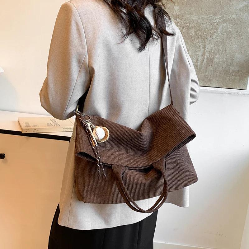 Large Corduroy Handbags Flap Folding Soft Fabric Snap Women Crossbody Purses