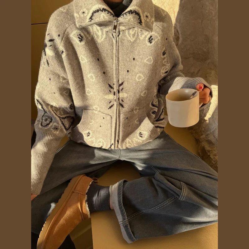 Casual Knit Printed Sweater Women Autumn Winter Loose Stand Collar Long Sleeve Button Knitwear Female 2026 Chic Lady Cardigan