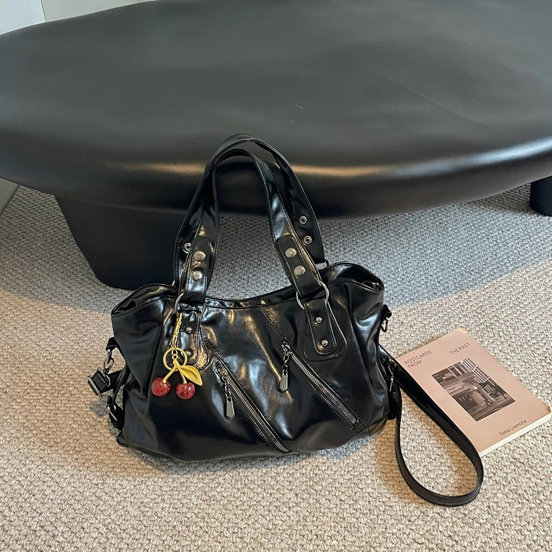 Women's Faux Leather Tote Shoulder Bag with Charm