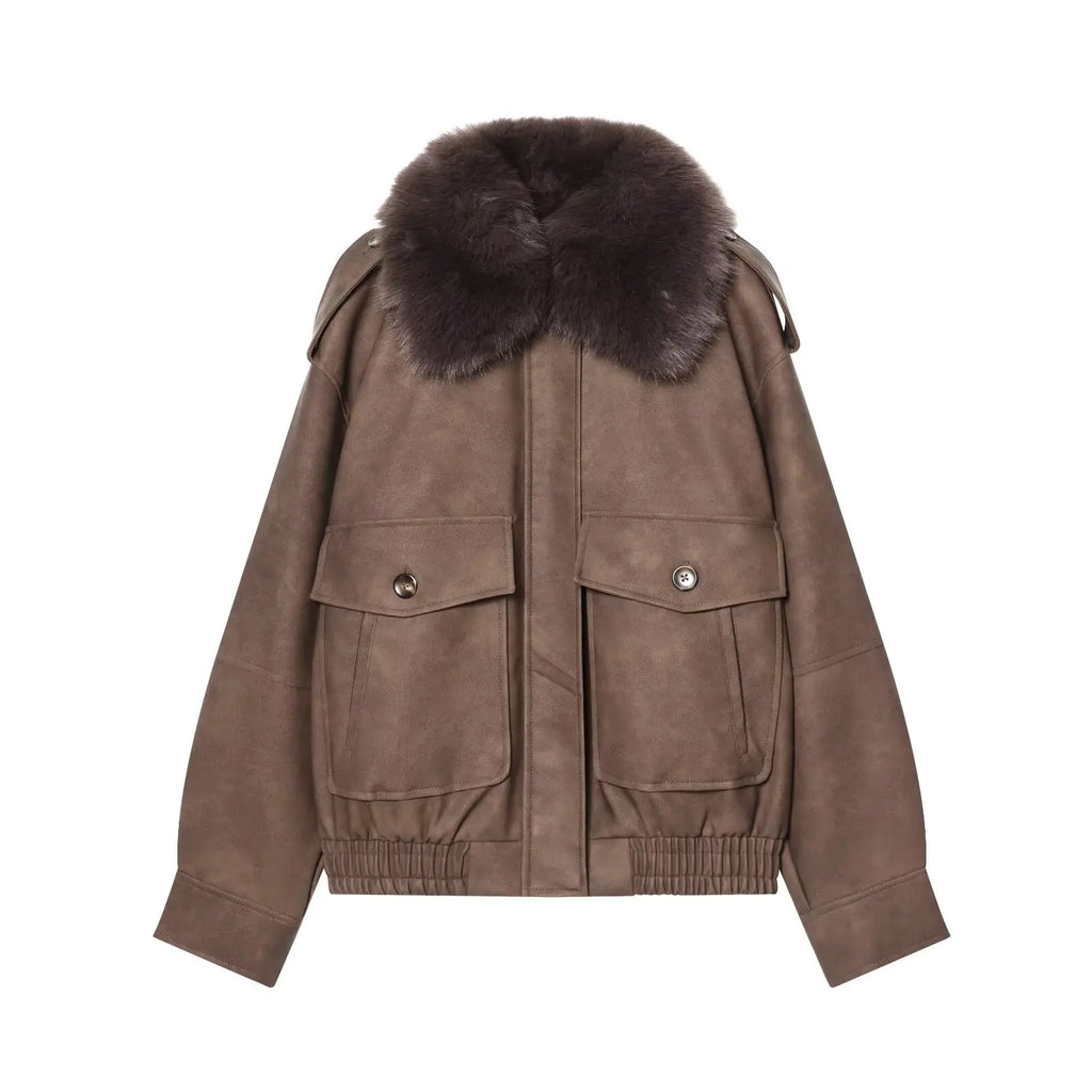 Women's  Faux Fur Collared Zip-Up Jacket with Pockets
