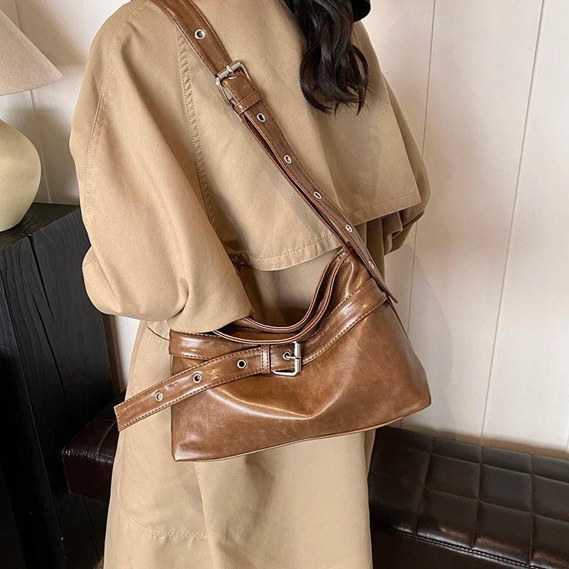 Leather Shoulder Bags Women Belt Buckle Soft Handbags Zipper Ajustable Strap