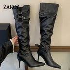 Women's Black Buckle Knee-High Boots with Stiletto Heels