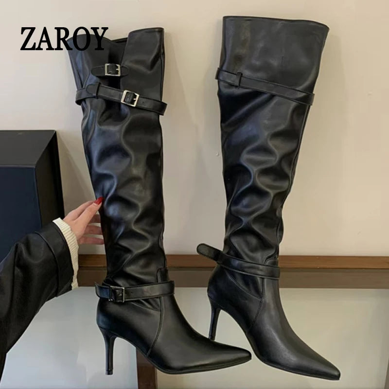 Women's Black Buckle Knee-High Boots with Stiletto Heels