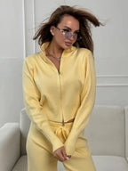 Women's Knit 2-Piece Set Zip-Up Stand Collar Cardigan Wide-Leg Ankle Pants Office Lady Autumn Winter Outfit