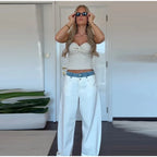 Women's Denim Patchwork Wide-Leg Ankle Jeans Drawstring Low Waist Loose Fit Casual Trendy Bottoms