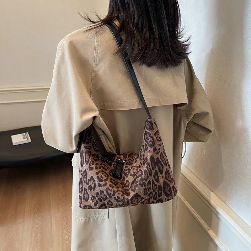 Suede Leopard Shoulder Bags Women Zipper Medium Soft Purse with Adjustable Strap