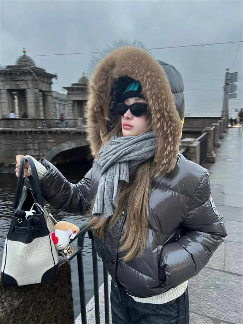 Women's Glossy Hooded Puffer Jacket with Faux Fur Trim