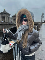 Women's Glossy Hooded Puffer Jacket with Faux Fur Trim