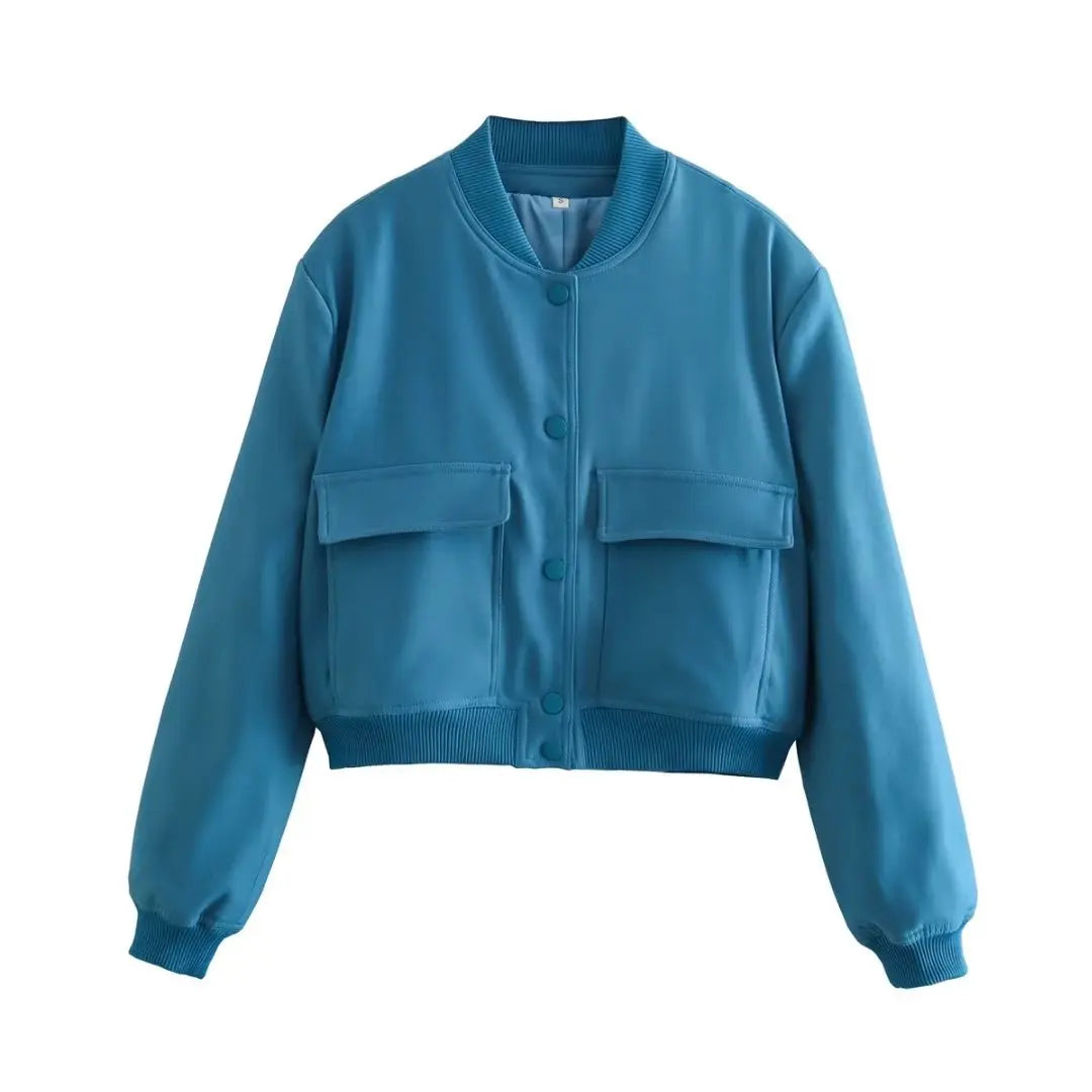 Women Fashion Solid Bomber Jackets Coat With Pockets V-Neck Single Breasted Long Sleeves
