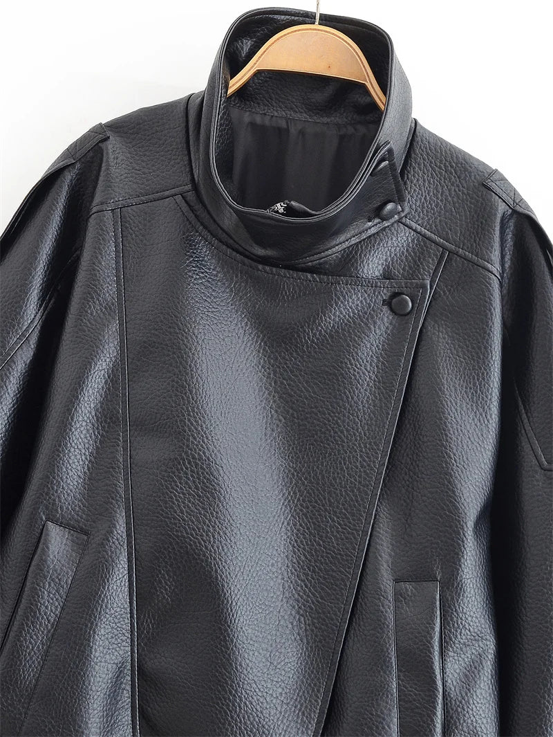 Women's Jacket Jacket Motorcycle Style 2026 Autunm Black Long Sleeve Pebble Faux Leather Fashion