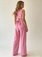2026 Women Casual Set Elegant Back Tie Sleeveless Peplum Top + Wide Leg Pants 2 Pieces