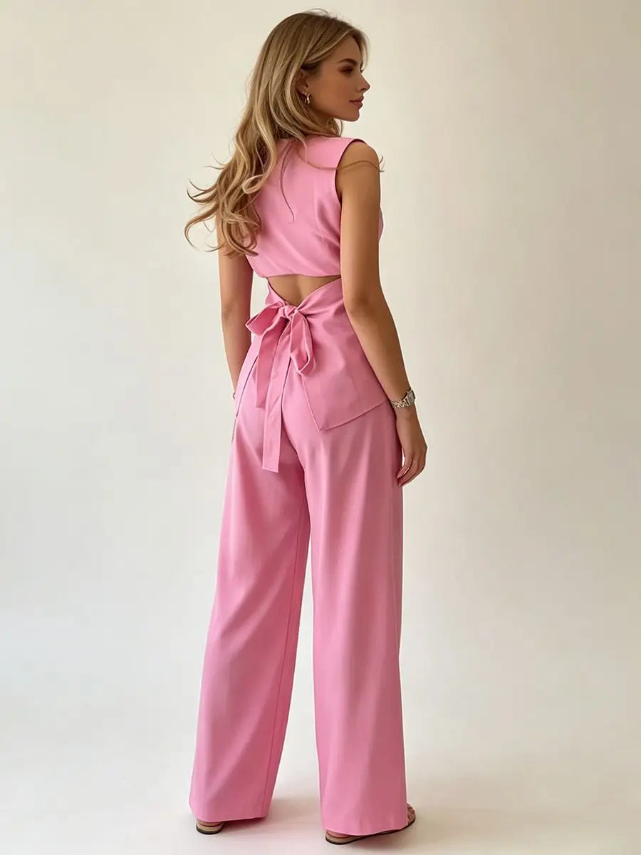 2026 Women Casual Set Elegant Back Tie Sleeveless Peplum Top + Wide Leg Pants 2 Pieces