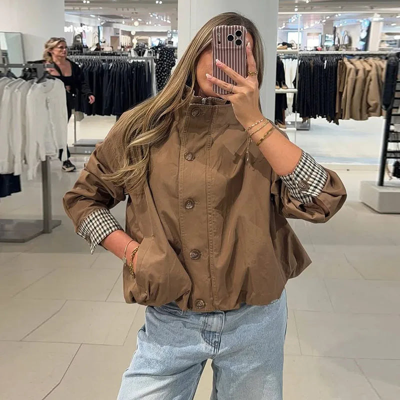Women's Jacket Polyester Plaid Loose Stand Collar Full-Zip Full-Sleeve Casual Autumn Outerwear