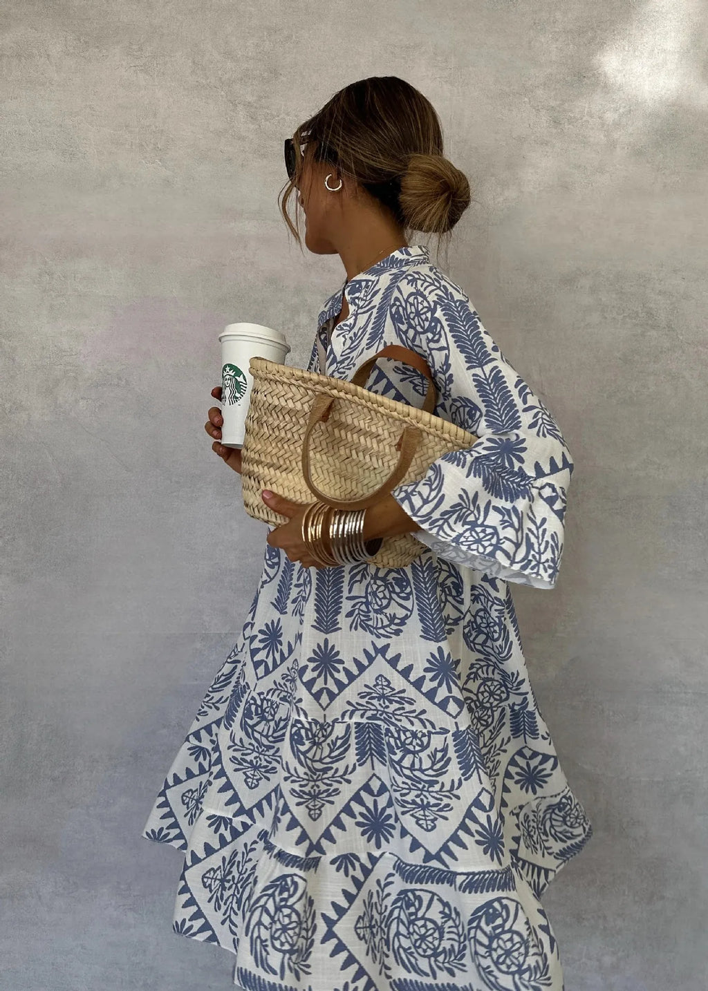 Bohemian Print Midi Dress – V-Neck 3/4 Sleeve Beach Dress