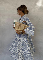 Bohemian Print Midi Dress – V-Neck 3/4 Sleeve Beach Dress