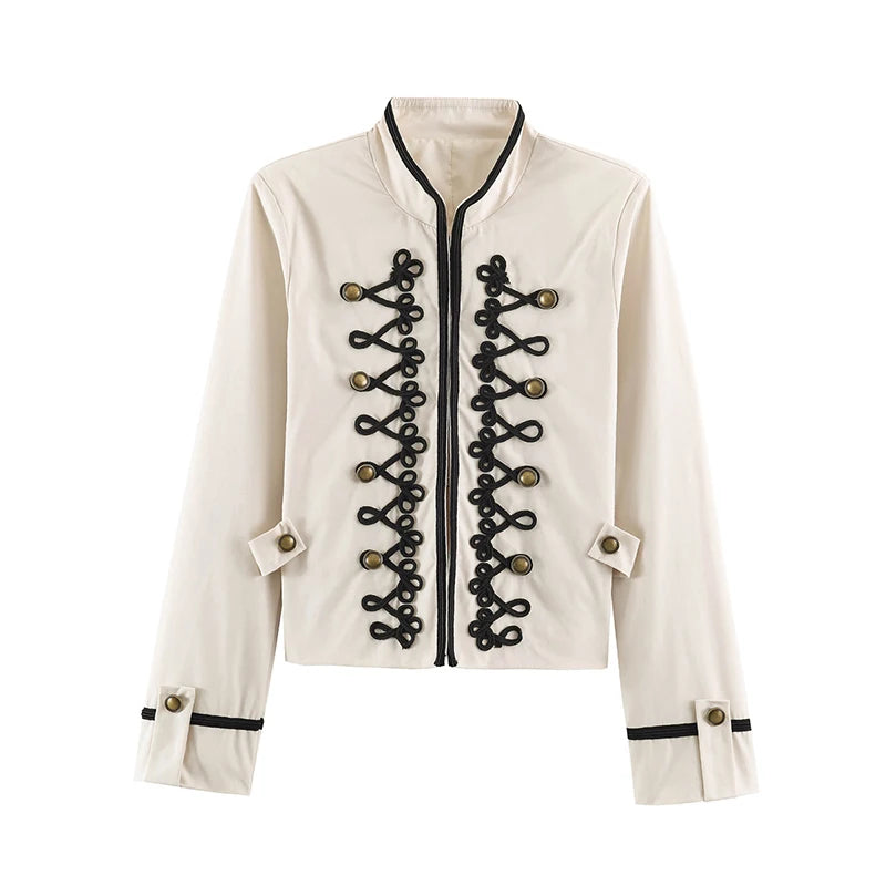 Women's Jacket Vintage Solid Knot Button Single-Breasted Stand Collar Full-Sleeve Slim Short Outerwear Coat