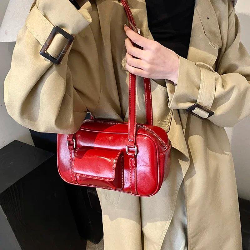 Small Leather Underarm Bags Women Outer Flap Pocket Stitch Zipper Shoulder Bags