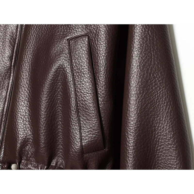 Women's Jacket Solid Faux Leather Drawstring Pleated Full-Zip Turn-Down Collar Loose Thick Streetwear Coat
