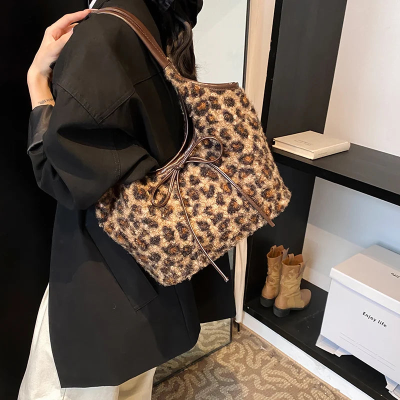 Large Leopard Shoulder Bags Women Curly Fur Soft Fabric Snap Tote Handbags