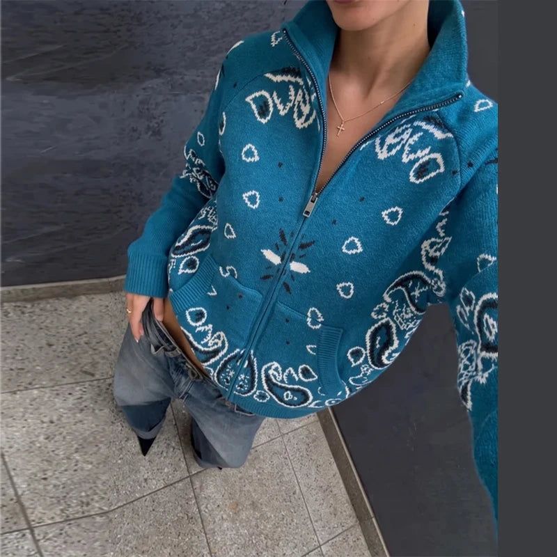 Casual Knit Printed Sweater Women Autumn Winter Loose Stand Collar Long Sleeve Button Knitwear Female 2026 Chic Lady Cardigan