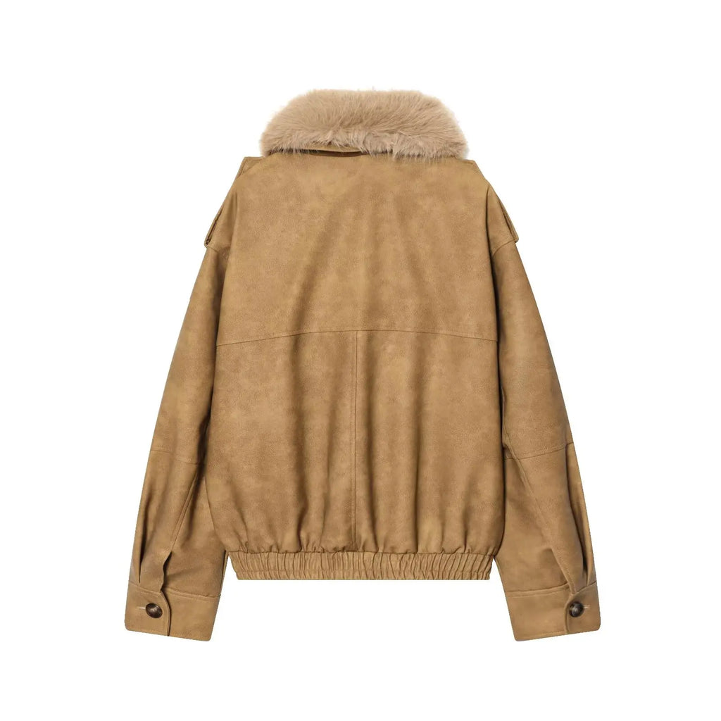 Women's  Faux Fur Collared Zip-Up Jacket with Pockets