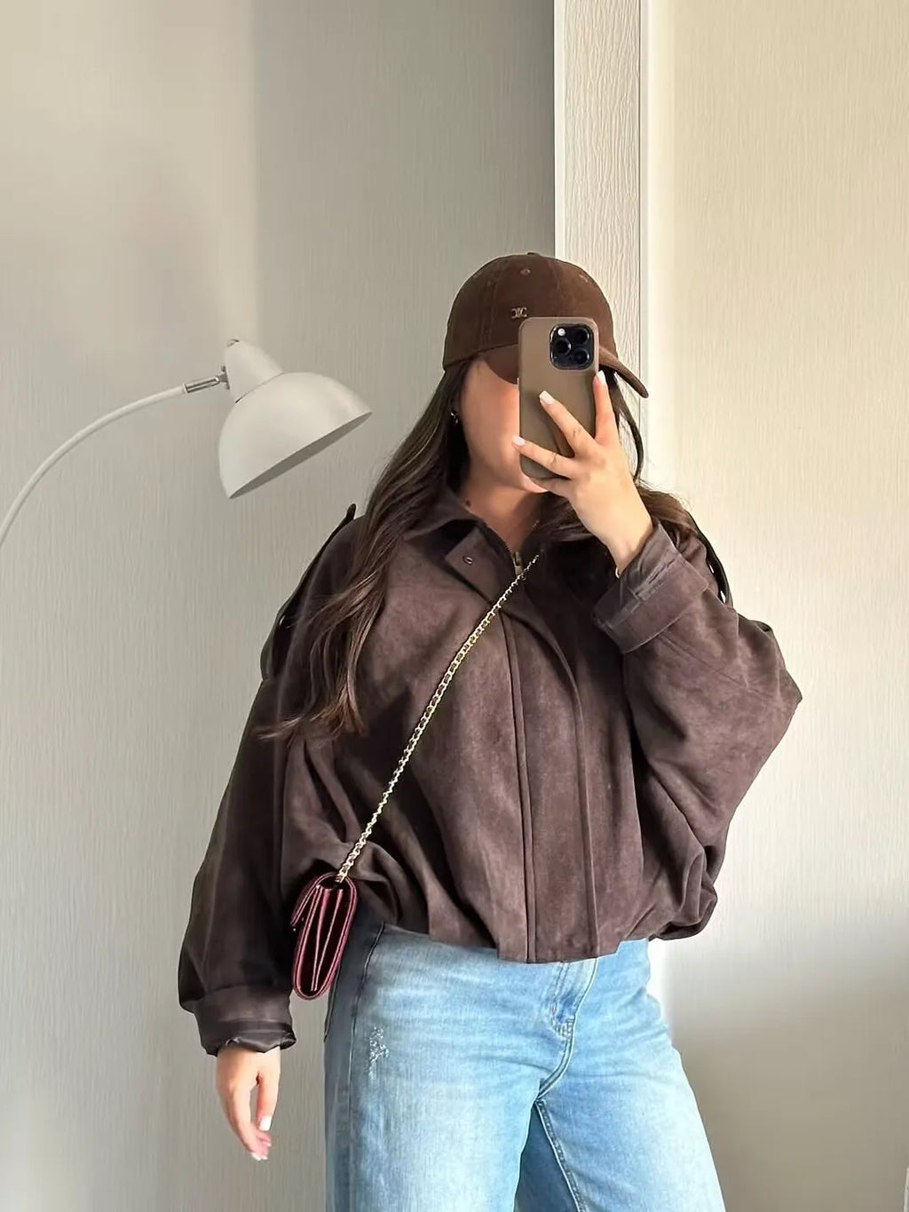 Women's Suede Textured Bomber Jacket Long Sleeve Lapel Collar Loose Coats Casual Outerwear