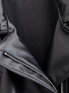 Women's Jacket Vintage Faux Leather Belted Turn-Down Lapel Full-Zip Full-Sleeve Short Motorcycle Coat