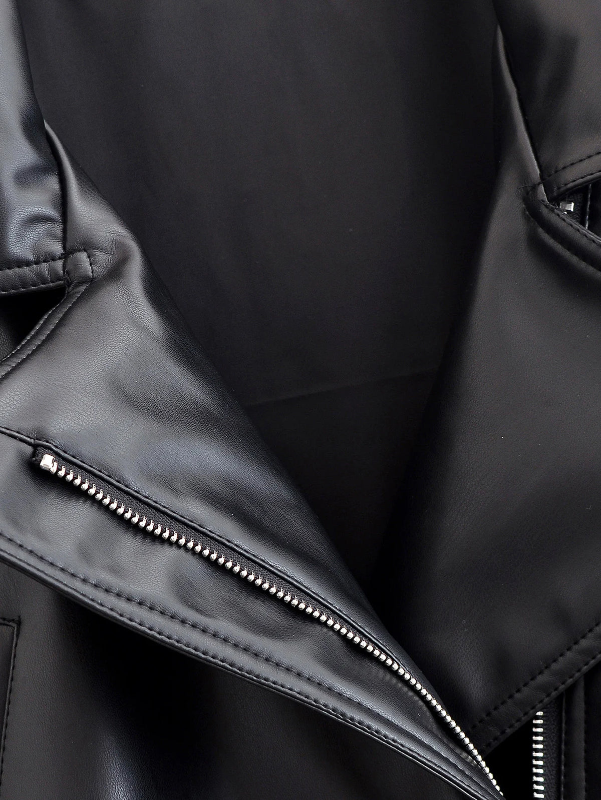 Women's Jacket Vintage Faux Leather Belted Turn-Down Lapel Full-Zip Full-Sleeve Short Motorcycle Coat