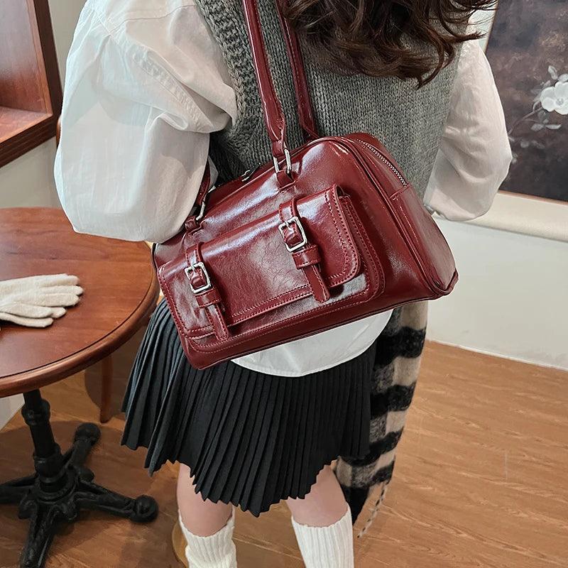 Small Retro Leather Tote Bags Women Zipper Outer Belt Flap Big Pocket Shoulder Bags