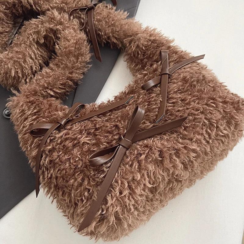 Faux Fur Shoulder Bags Women Bow Brushed Zipper Fuzzy Soft Handbags Medium Purse