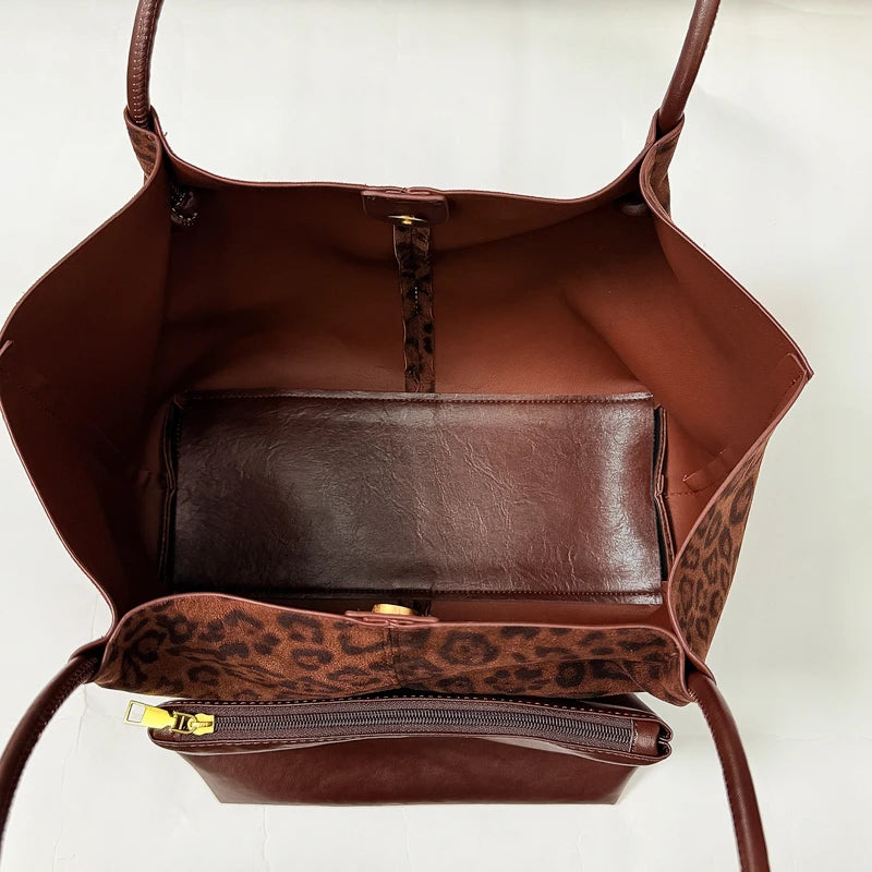 Women's Leopard Print Faux Leather Tote Shoulder Bag