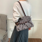Women's Shoulder Bag Vintage Ruched PU Leather Zipper Tote Bag with Phone Pocket & Charm