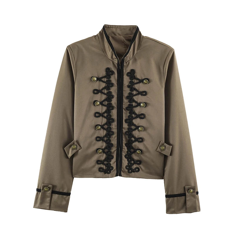 Women's Jacket Vintage Solid Knot Button Single-Breasted Stand Collar Full-Sleeve Slim Short Outerwear Coat