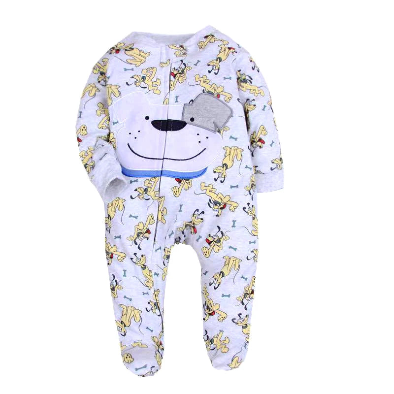 Light grey heathered footed onesie with Pluto cartoon print, blue neckline trim, and appliqued dog face
