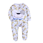 Light grey heathered footed onesie with Pluto cartoon print, blue neckline trim, and appliqued dog face