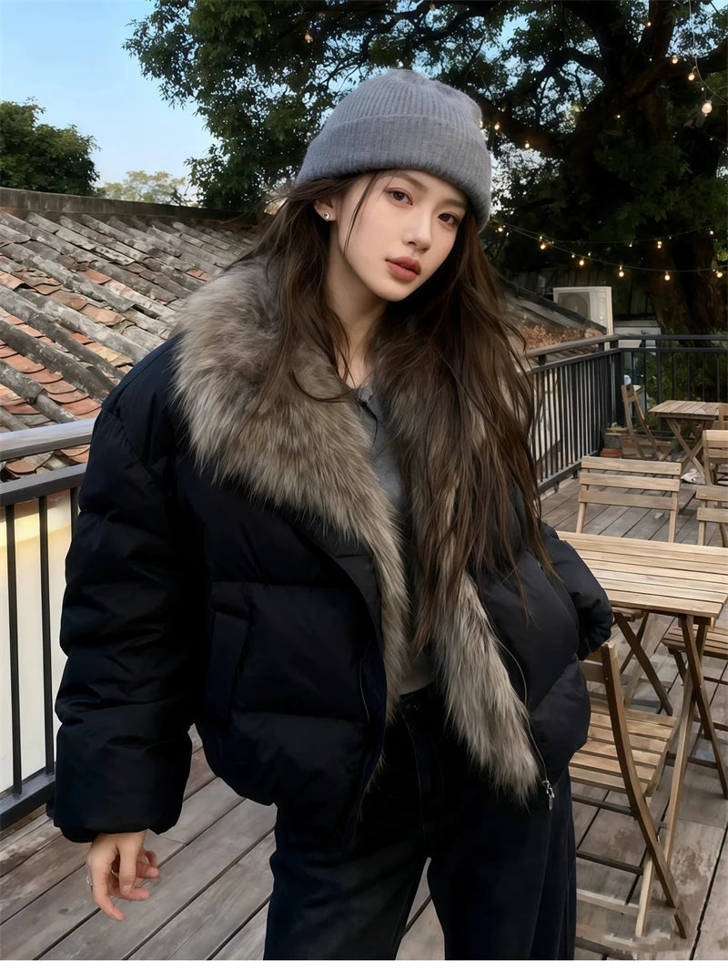 Women's Cropped Puffer Jacket with Faux Fur Collar