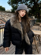 Women's Cropped Puffer Jacket with Faux Fur Collar