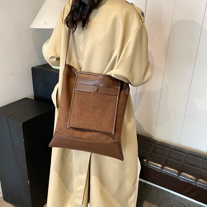 Large Suede Leather Shoulder Bags Women Retro Flap Outer Big Pocket Handbags