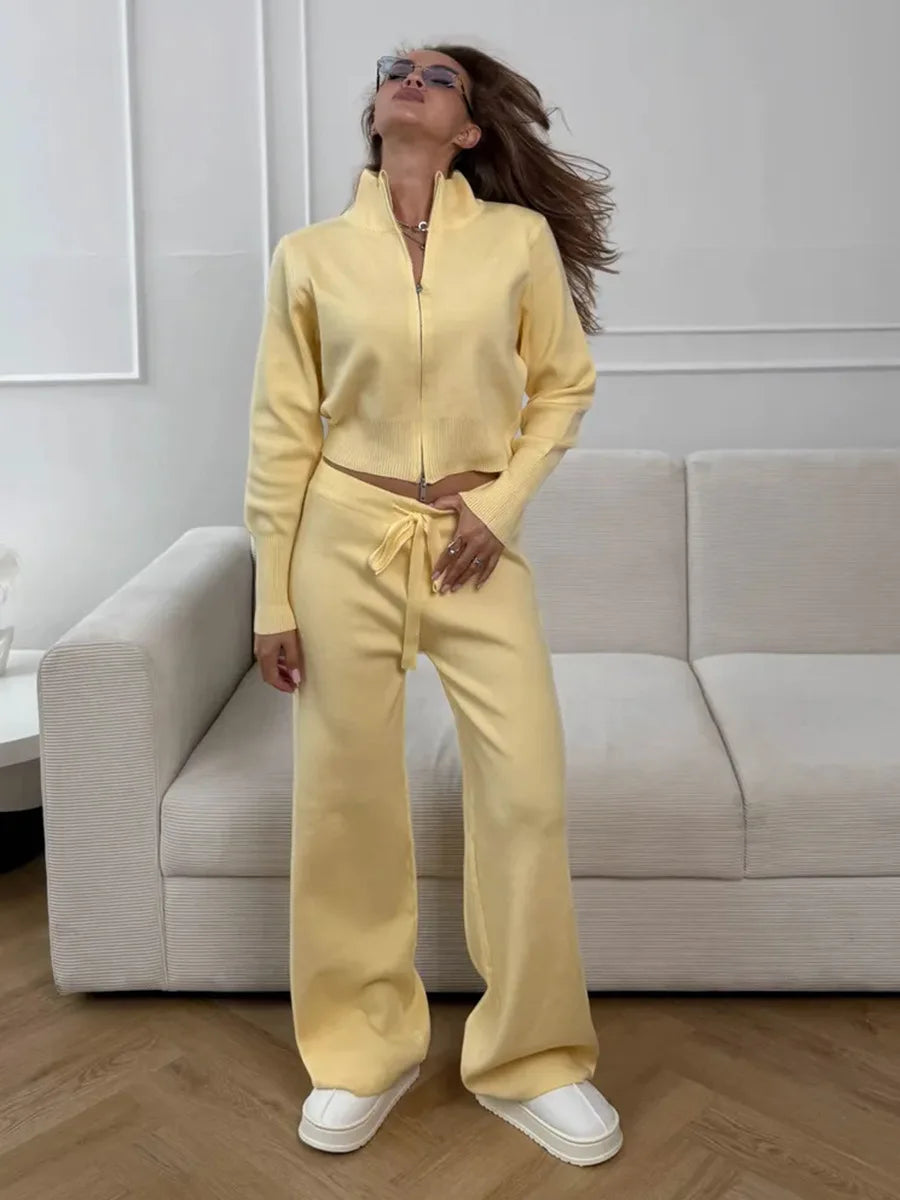 Women's Knit 2-Piece Set Zip-Up Stand Collar Cardigan Wide-Leg Ankle Pants Office Lady Autumn Winter Outfit
