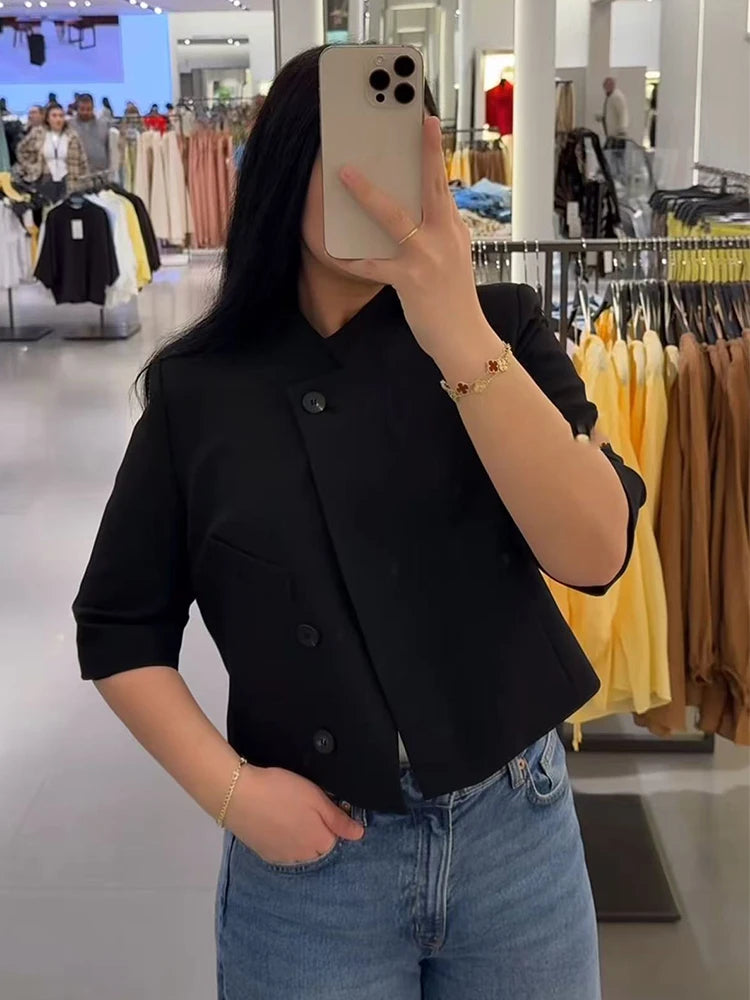 Casual Women Turtleneck Blazer Simple and Comfortable Half Sleeve Solid Color Texture Elegance High Street Coat