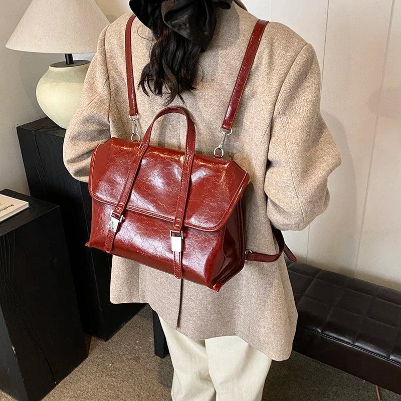 Large Leather Handbags Tote Satchel Flap Push Lock Women Retro Backpacks Purses