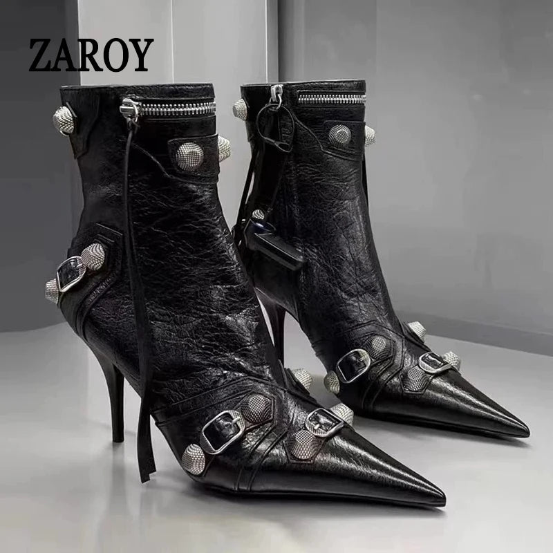 Women's Studded Pointed-Toe Ankle Boots with Kitten Heels