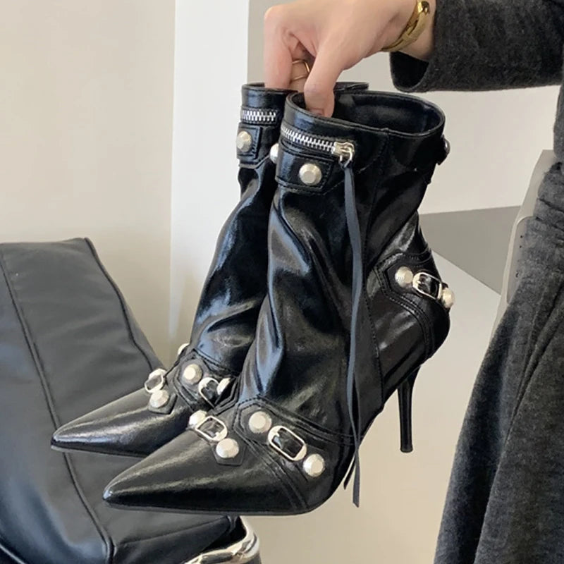 Women's Studded Pointed-Toe Ankle Boots with Kitten Heels