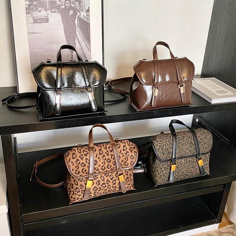 Medium Leather Satchel Bags Flap Snap Women's Leopard Reversible Backpacks